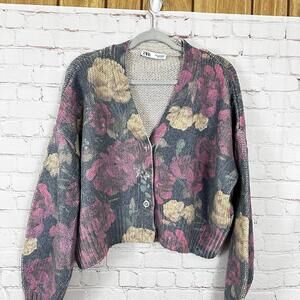 Zara Floral Knit Cardigan Pink and Beige